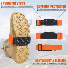 Ice Cleats Snow Traction Cleats for Walking on Snow and Ice, 7 Tungsten Studs Anti-Slip Overshoe Easily Rotate Crampons with Adjustable Straps, Orange and Black, 1 Pair/2 Pairs