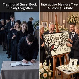 GiftGlow Celebration of Life Guest Book Alternative with Robin, Wooden Tree Memorial Signing Board with 70 Leaves, Large Funeral Guest Book Keepsake for Memorial Service & Sympathy Gift
