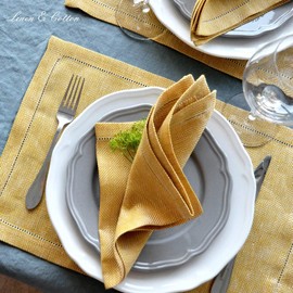 Linen & Cotton Set of 2 Table Mats Placemats Scandi - 100% Linen, Yellow (30 x 44 cm (12'' x 17.6'')) Festive Elegant Rectangular Plate Dinner Table Linen Cloth Fabric Material Home Kitchen Christmas