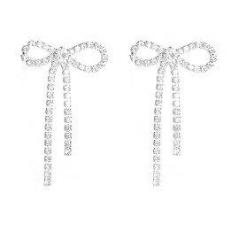 ONLYJUMP Gold Bow Earrings for Women Rhinestone Long Tassel Earrings Ribbon Bow Drop Earring (Silver)