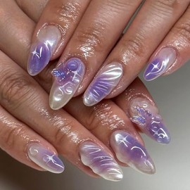 DOCVOEOMH Press on Nails Short Medium Almond 3D Ombre Purple Butterfly Acrylic Fake Nails with 3D Design Glue on Glossy Full Cover Artificial Gel False Stick on Nail for Girls Women Wedding 24Pcs