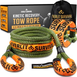 Everlit Survival Kinetic Recovery Rope 3/4" X 20 Ft with 2 Pack Soft Shackles Nylon Tow Rope with Breaking Strength 19,200 Lbs, Offroad Rope for Jeep UTV ATV Car Truck 30% More Stretch Than Strap…