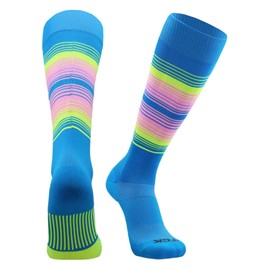 TCK Striped Baseball Softball Socks (Electric Blue/Neon Yellow/Bright Pink, Small) - Electric Blue/Neon Yellow/Bright Pink,Small