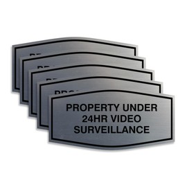 All Quality Fancy Property Under 24Hr Video Surveillance Sign | Property Security Sign with Easy Installation | 24/7 Security Monitoring (Brushed Silver) - Small 5 Pack