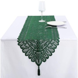 Jarsense Green Hollow Lace Table Runner Rustic Bohemian Style Mesh Tablecloth with Fringe for Home Wedding Party Reception Decoration(33x137cm)