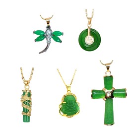 RUIFUU 5Pcs Jade Buddha Pendant Necklace Set,18K Gold Plated Zircon Peace Buckle Cross Dragon Dragonfly Jade Pendant Necklaces Jewelry Gift for Women