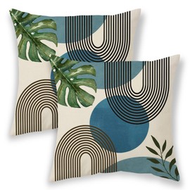 Boho Summer Pillow Covers 20x20 Inch 2 Pcs, Dusty Navy Blue and Leaf Outdoor Decorative Throw Pillows, Mid Century Modern Abstract Farmhouse Decor Pillowcase Linen Cushion Cover for Couch Sofa