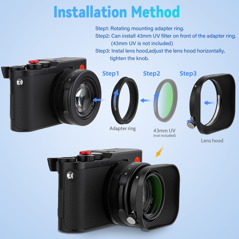 Haoge 43mm Square Metal Lens Hood Shade for Leica D-Lux