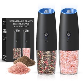 BELRIGO Rechargeable Salt And Pepper Grinder Set with LED Light, Automatic Electric Gravity Salt And Pepper Shakers Set, No Battery Needed, Adjustable Roughness, 2 Pack (Black)