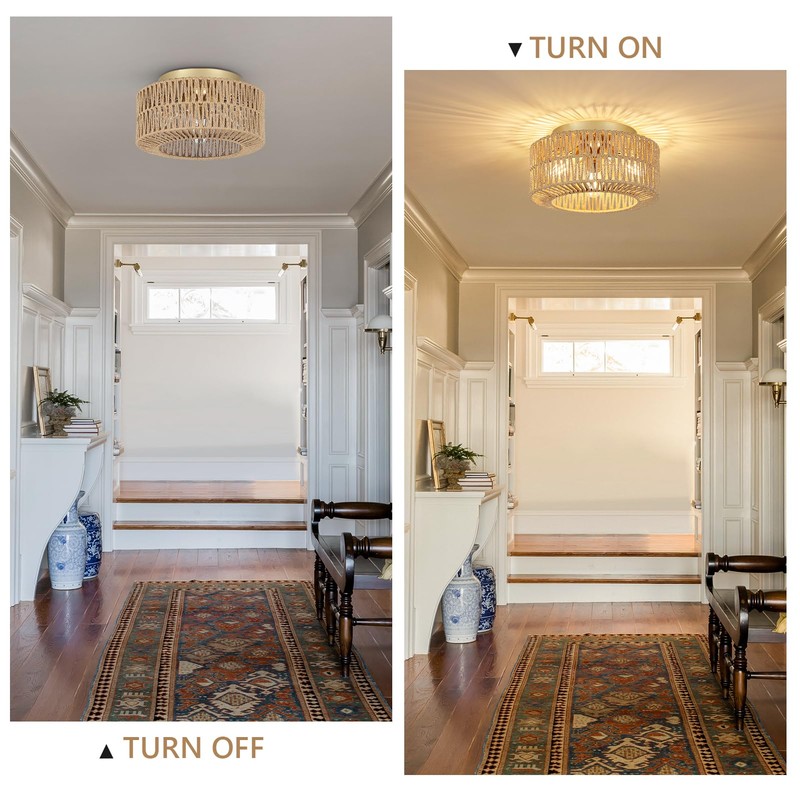 PAUFUL Boho Light Fixtures, 3-Light Farmhouse Rattan Ceiling Light, Flush