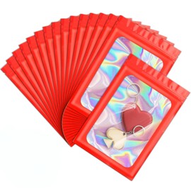 ANZNKU 100 Pack Mylar Bags Reasealable Holographic Bags, Smell Proof Bag Zipper Pouches with Clear Window, Jewelry Candy Sealable Bag for Packaging Sample Party Favor (Red, 7.1 x 10.2 Inch)