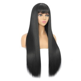 Wig Black Long Straight Wig with Fringe for Women, 30 Inch Synthetic Fibre Straight Wigs for Women, Long Black Fringe Bangs Wig for Women