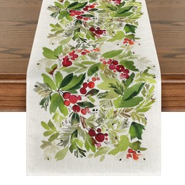 Artoid Mode Watercolor Holly Christmas Table Runner, Seasonal Winter Xmas Holiday Kitchen Dining Table Decoration for Indoor Outdoor Home Party Decor 13 x 108 Inch