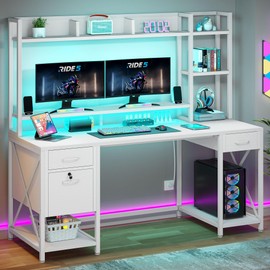 DWVO Computer Desk with Drawers & Hutch, 59.1" Office Desk with Power Outlets & LED Lights, Home Office Desk with Storage Shelves, White