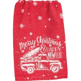 Primitives By Kathy Flour Sack Dish Towel ~ Red Truck Merry Christmas Farmhouse