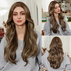 Caelusi Long Wavy Wigs for Women Brown Wigs Blonde Highlights Wigs Middle Part Long Curly Wig 28Inch Heat Resistant Wig Hair Replacement Wigs Natural Looking Synthetic Wig for Holiday Daily Party Use