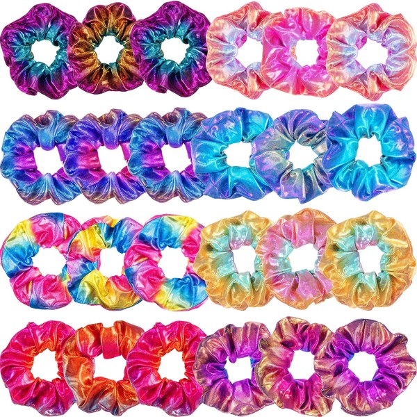 Tatuo 24 Pieces Shiny Metallic Scrunchies Hair Elastic Bands/ Ties Ropes for Women or Girls Hair Accessories, Large (Rainbow Colors)