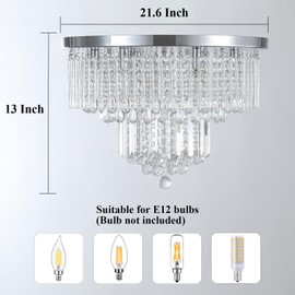 Litaddscen K9 Crystal Chandelier Flush Mount Ceiling Light,Modern Round Raindrop Crystal Chandeliers Light Fixtures Chrome Silver Lamp for Foyer Bedroom Living Dining Room Entryway,6-Light D22 x H13