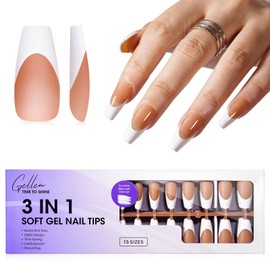 Gellen French Soft Gel Nail Tips - Medium Coffin White French Tip Press on Nails Brown 15 sizes, 3 in 1 Pre-french Gel Nail Tips 150 pcs Full Cover Fake Nails for Art