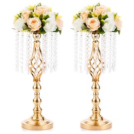 2 Pcs 19.3 inches Gold Centerpieces Table Tall Crystal Flowers Stand Wedding Road Lead Flower Holders Crystal Chandelier Metal for Reception Tables Supplies