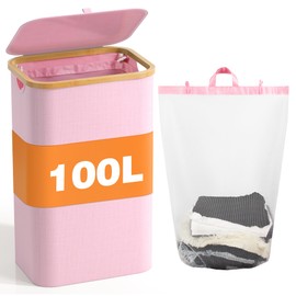 Laundry Hamper With Lid 100L, Clothes Hamper for Laundry with Removeable Laundry Bags, Laundry Basket for Bedroom, Laundry Room, Dirty Clothes Hamper, Pink