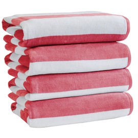 100% Cotton Velour Cabana Stripe Beach Towel Set 30" x 60" - Ultra Soft, Plush, & Highly Absorbent Towels for Pool, Beach, & Swimming. Marina Collection (4-Pack, Rose)