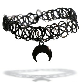 VIEKYBUTTY Black Gothic Moon Tattoo Choker Necklace – Stretchy Elastic 90s Y2K Style Fashion Choker for Women’s Daily & Occasion Wear