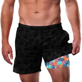 Cozople Men's Swim Trunks with Compression Liner 5.5 inch Inseam Quick Dry Board Shorts Anti Chafing Boxer Brief Lined Bathing Suit Hawaiian Palm Tree Style Swim Shorts XL