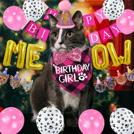 STMK Cat Birthday Party Supplies, Cat Birthday Hat Bandana Bow Tie Collar Birthday Number Cat Birthday Banner Garland Meow Letter Balloons for Cat Kitten Birthday Outfits Decorations (Pink)