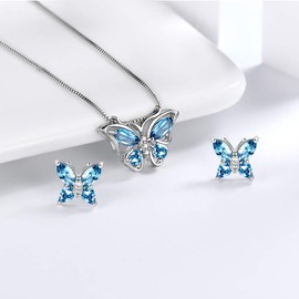 Aurora Tears Butterfly Necklace Earrings Rings Birthstone Jewellery Set Pendant Dating Pendant Gifts for Women and Girls 925 Sterling Silver, C.blue-aquamarine