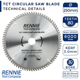 Rennie Tools - 250mm x 30mm x 80T TCT Circular Wood Saw Blade Includes 25mm 20mm & 16mm Bore Reduction Rings. Compatible with Bosch Makita Dewalt Circular Saw Etc. Fits 255mm Circular Saws