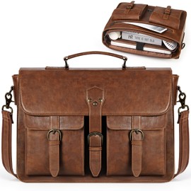 RAINSMORE Messenger Bag for Men 15.6 Inch Leather Vintage Laptop Briefcase Large Laptop Bag Waterproof Satchel Bag Computer Shoulder Bag for Office Work Travel College, Brown