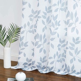 Transparent Curtains, Light Blue, Leaves on White, Voile Curtains with Eyelets, Transparent Curtains, Pattern, Transparent Curtains for Decoration, Living Room, Bedroom, Children's Room, 2 Pieces (140