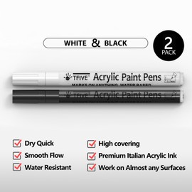 TFIVE White&Black Paint Marker Pens - 2 Pack Acrylic Permanent Marker, 0.7mm Extra Fine Tip Paint Pen for Art Projects, Drawing, Rock Painting, Ceramic, Glass, Wood, Plastic, Metal, Canvas DIY Crafts