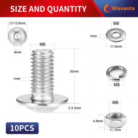10Pcs M6 x 30 mm Bolt Flanged Button Head Socket Cap Bolt Screws, Nuts and Bolts 304 Stainless Steel, Allen Screws, Flat & Lock Washers, Nuts and Bolts Assortment Kit by Wavanta