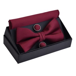 GUSLESON Mens Solid Color Jacquard Woven Adjustable Pre-tied Bow Tie and Pocket Square Cufflink Set with Gift Box, Burgundy, general