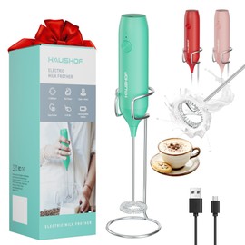 HAUSHOF Powerful Rechargeable Milk Frother Wand with Stand, Handheld Electric Foam Maker, Drink Mixer with Detachable Stainless Steel Whisk for Coffee Latte, Cappuccino, Matcha, Green