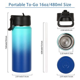 Volhoply 16 OZ Kids Water Bottle Bulk 2 Pack,Insulated Sports Bottles with Straw Lid,Stainless Steel Bottle with Handle Keep Cold & Hot,Double Wall Vacuum Thermo Cups for School(Green Blue,Set of 2)