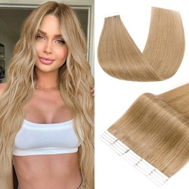 Hairro Tape in Hair Extensions Human Hair, Short 10 inch #27 Dark Blonde 30g Tape in Human Hair Extension Real Remy Hair Invisible Seamless Skin Weft for Women 20pcs Straight Tape Hair (10 inch, #27, 30g)