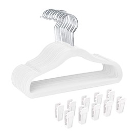 Finnhomy Non-Slip Clothes Hangers for Baby and Kids 30-Pack Velvet Hangers with 10 Finger Clips, White