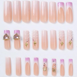 24Pcs French Tip Press on Nails Long Square Fake Nails Coffin Shaped False Nails White Nude Gradient Acrylic Nails with 3D Butterfly Heart Designs Stick on Nails Cute Artificial Nails for Women Girls