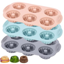 SmartKitch Jello Molds 3pcs Silicone Fluted Tube Cake Pans, 6 Cavity Heritage Silicone Mold for Baking Non Stick Fancy Molds (Pink+Blue+Gray, Fluted Tube)