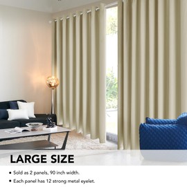Deconovo Deconovo Thermal Insulated Wide Beige Curtains Energy Saving Noise Reducing Eyelet Room Darkening Curtains for Living Room, 90 x 72 Drop Inch, 1 Pair, Beige