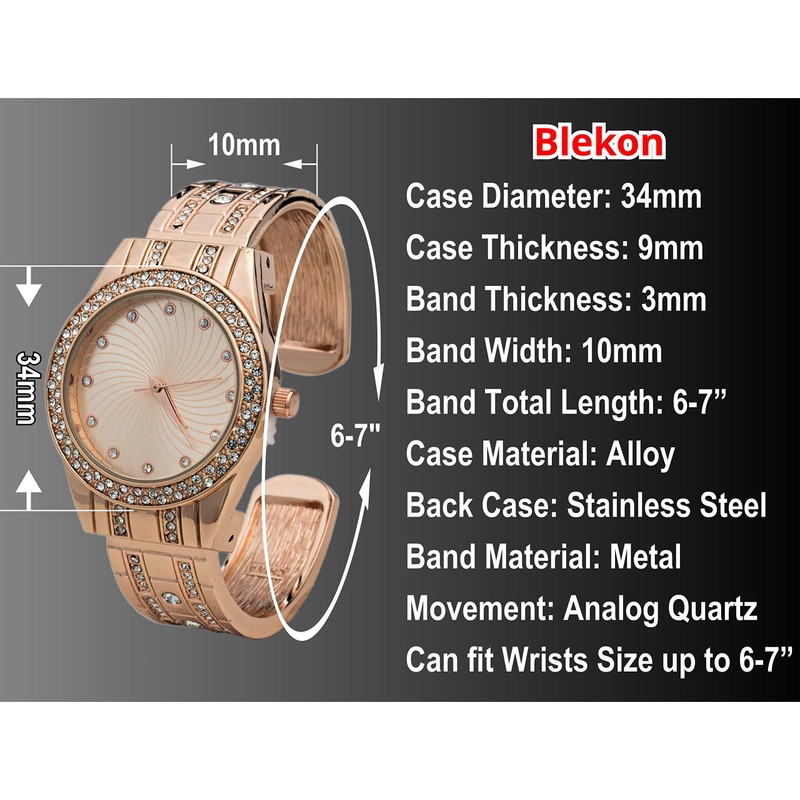 Blekon Collections Quartz Women's 34mm Case Elegant Rhinestone Bangle Watch