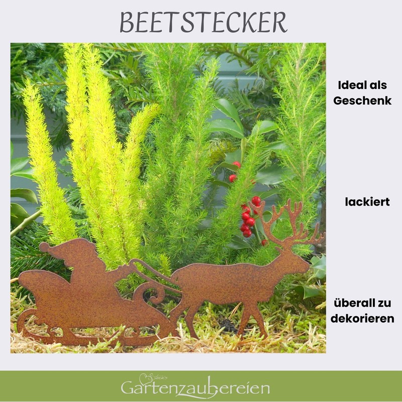 Storm's Gartenzaubereien Garden Stake Santa Sleigh with Reindeer in Rust
