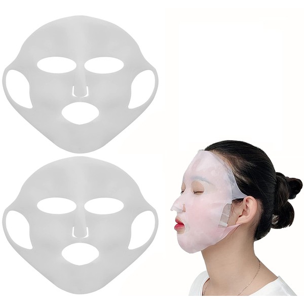 Angzhili 2 Pack Silicone Moisturizing Mask for Sheet Mask,Reusable Facial Mask Cover with Hook,Sheet Mask Cover for Slow Down the Evaporation of Mask Essence,Face Care Tool (White)