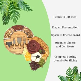 Bamboo Cheese Board and Knife Set - 13 inch Charcuterie Board and Serving Platter with 3 ceramic Bowls - Unique House Warming Gift