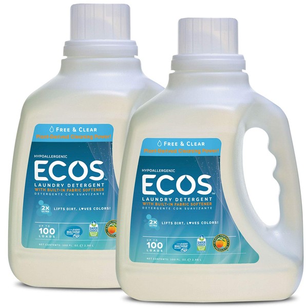 Earth Friendly Products Ecos 2x Liquid Laundry Detergent, Free & Clear, 100 Fl Oz (Pack of 2)