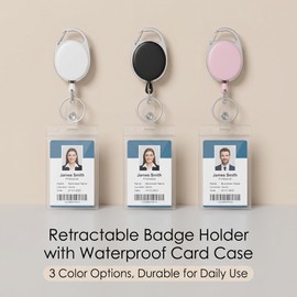 Fashion 3PCS Pack Candy Colors Heavy Duty ID Badge Holders with Clip and Keyring,Vertical Clear Card Holder Fit Up to 3 Cards,Retractable Fiber Pull Cords for Easy Access (Black,White,Pink)