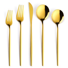 OIULO 30-Pieces Gold Flatware Set, Gold Silverware Set for 6,Tableware Fine Dining Utensil Set Include Knives Forks and Spoons,Circular Fine Handle Cutlery Decorate Wedding Mirror Polished,Dishwasher